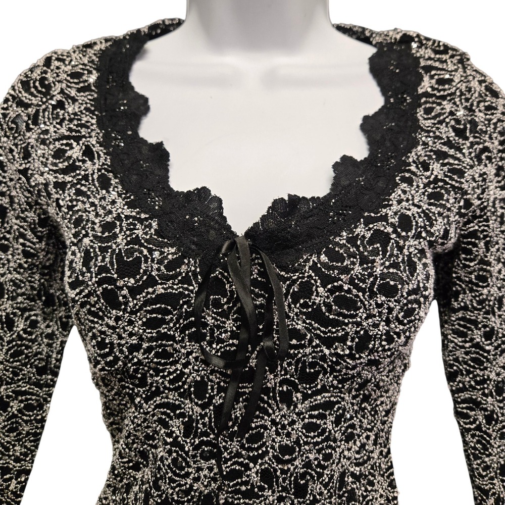 Vintage Y2K 90s Whimsigoth Lace Overlay Babydoll Top M Black Coquette V-Neck 3/4